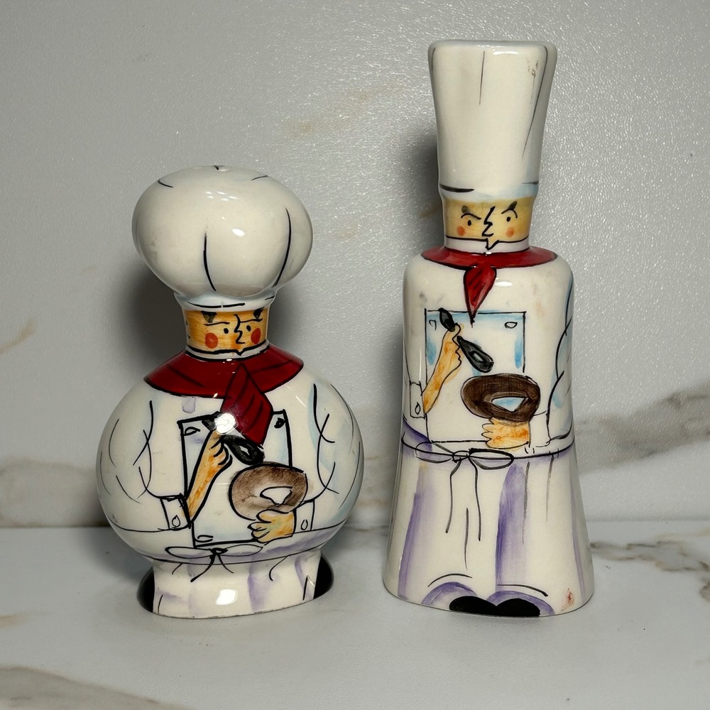 Whimsical Ceramic Chef Salt and Pepper Shakers Set Hand Painted Kitchen Decor